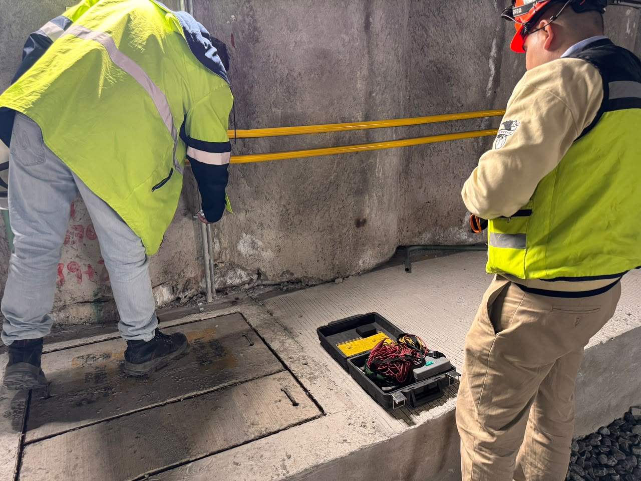 Personal realizando pruebas eléctricas en infraestructura ferroviaria